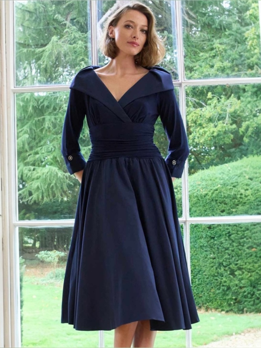 JESSICA HOWARD Navy Taffeta 3/4 Sleeve Portrait Collar Formal Cocktail Dress